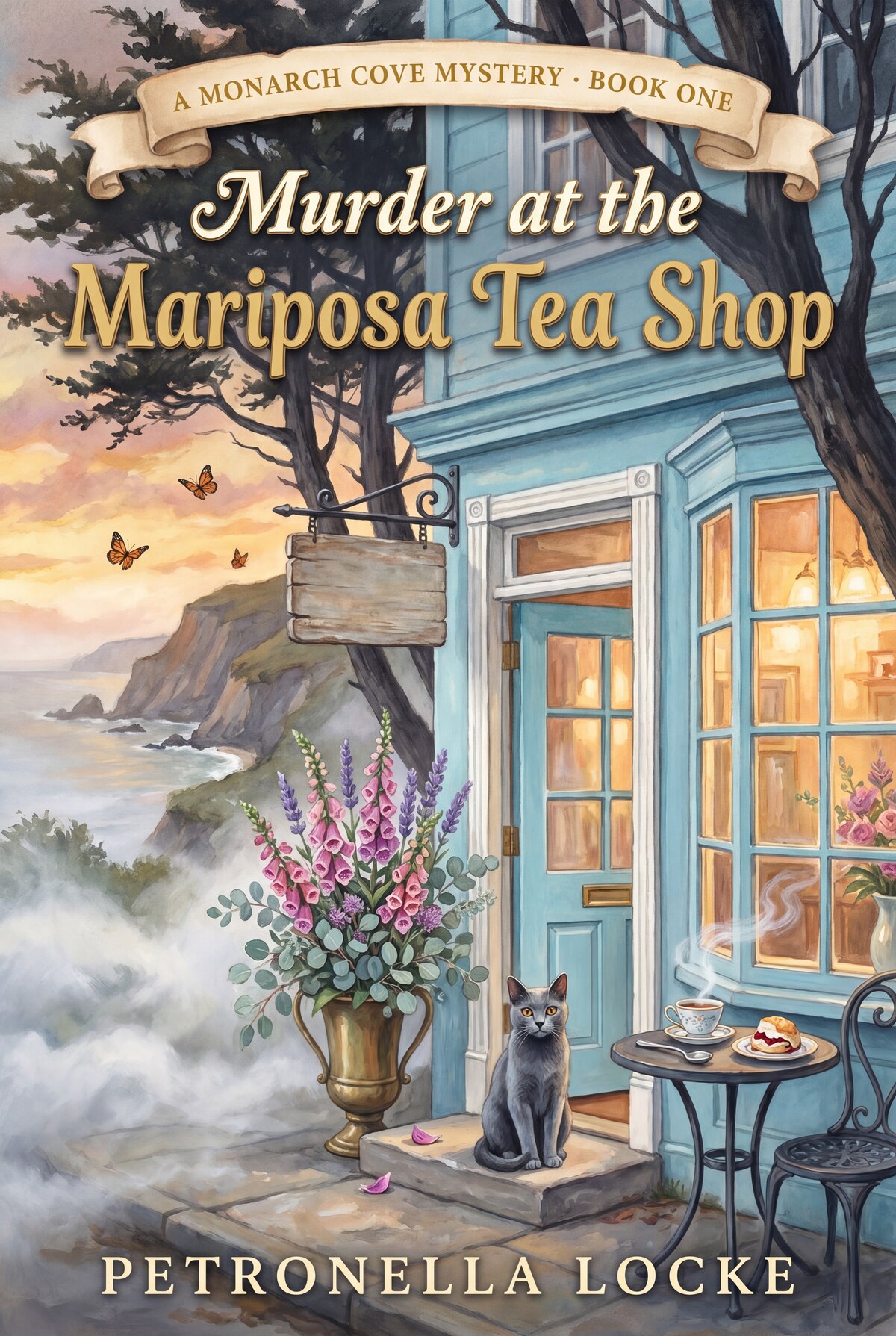 Murder at the Mariposa Tea Shop book cover by Petronella Locke — a cozy culinary mystery from VUGA Publishing